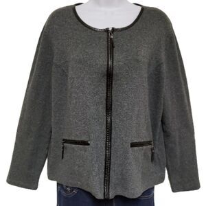 🌹Rafaella Charcol Gray Faux Leather Trim Zip Up Cardigan Sweater, Pockets sz L